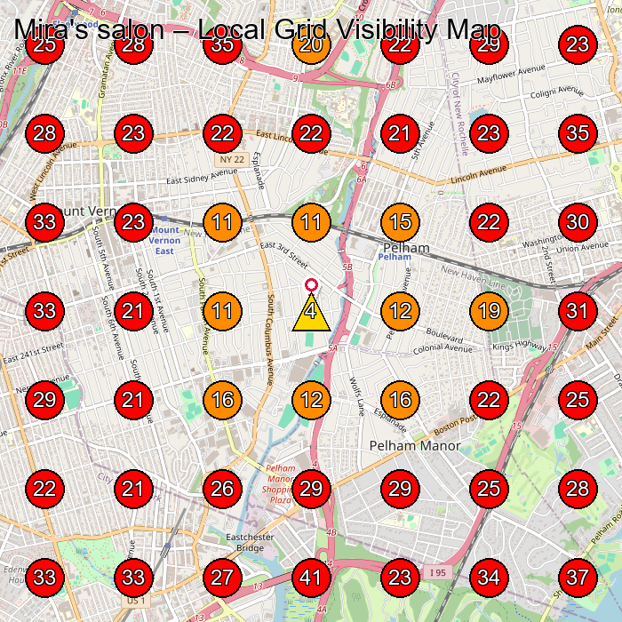 Mira's salon GeoGrid visibility map for Hair Salon in New Rochelle